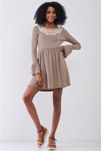 Load image into Gallery viewer, Taupe Horizontal Stripped Embroidery Detail Long Sleeve With Flare Hem Mini Dress
