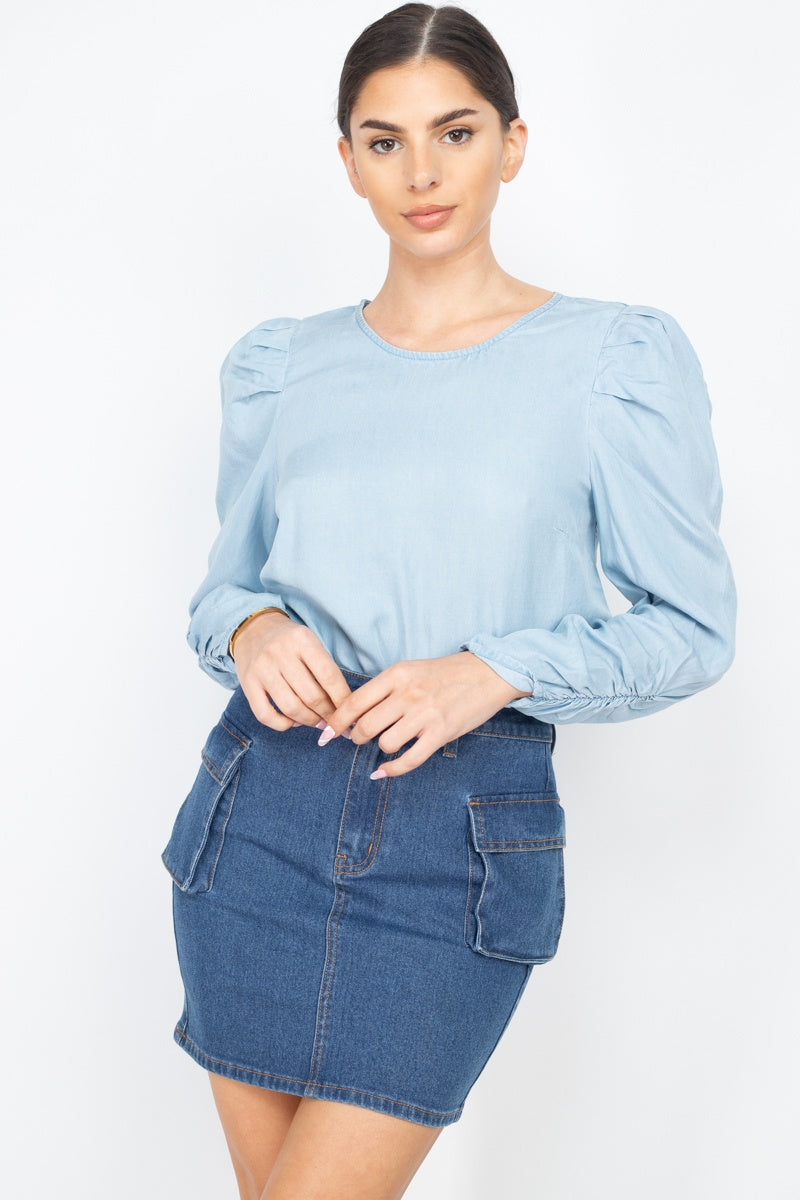 Shirring Puff Sleeves Denim Top