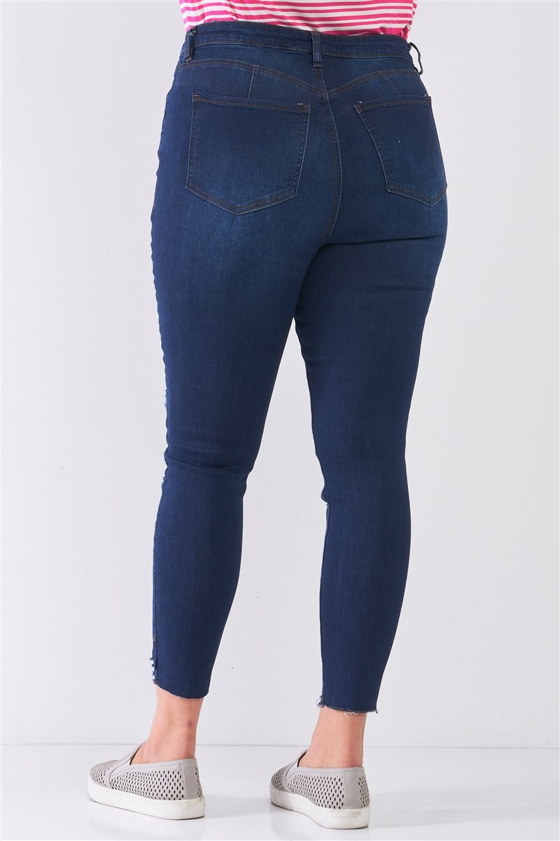 Plus Size Denim Mid-rise Raw Hem Detail Ripped Skinny Jean Pants