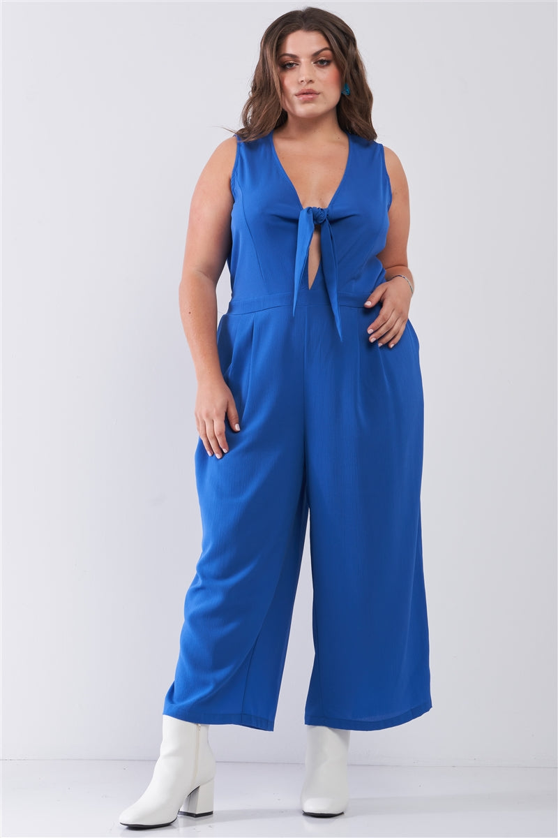 Plus Size Sleeveless V-neck Self-tie Front Detail Wide Leg Jumpsuit