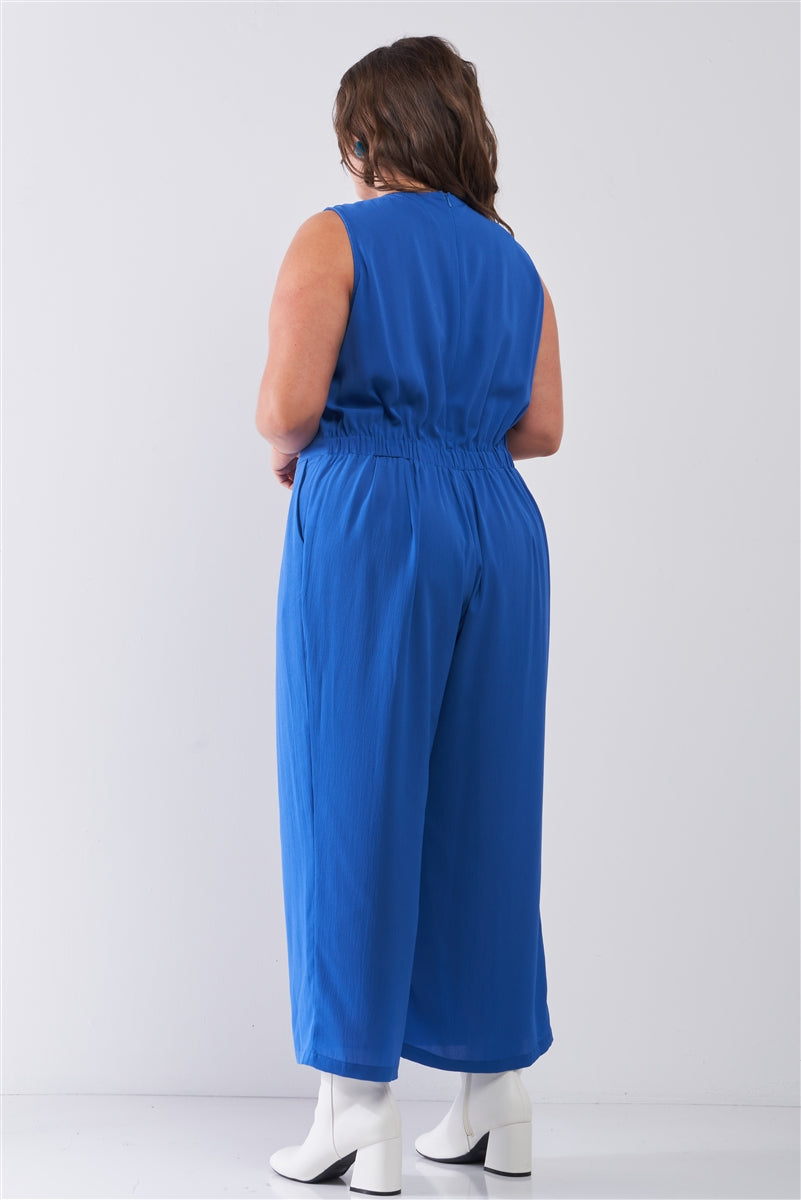 Plus Size Sleeveless V-neck Self-tie Front Detail Wide Leg Jumpsuit