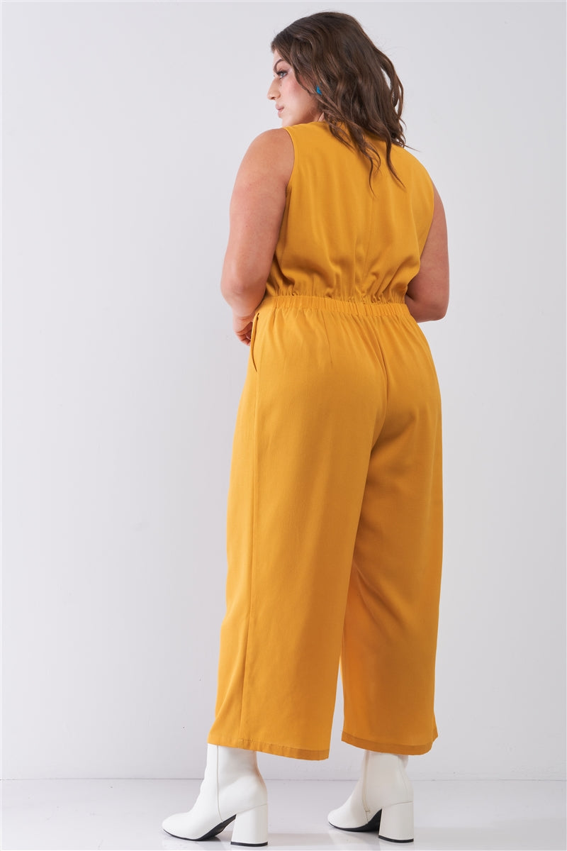 Plus Size Sleeveless V-neck Self-tie Front Detail Wide Leg Jumpsuit