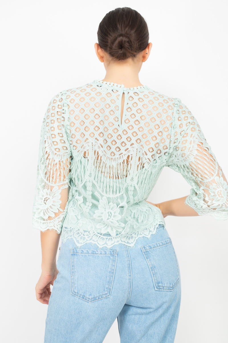 Mock 3/4 Sleeves Lace Designed Top