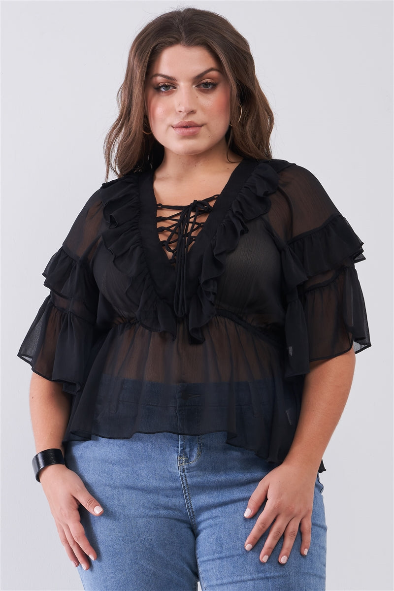 Plus Sheer Mesh Ruffle Lace-up V-neck Detail Wide Sleeve Relaxed Top