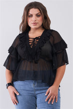 Load image into Gallery viewer, Plus Sheer Mesh Ruffle Lace-up V-neck Detail Wide Sleeve Relaxed Top
