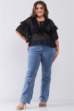 Load image into Gallery viewer, Plus Sheer Mesh Ruffle Lace-up V-neck Detail Wide Sleeve Relaxed Top
