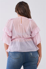 Load image into Gallery viewer, Plus Sheer Mesh Ruffle Lace-up V-neck Detail Wide Sleeve Relaxed Top
