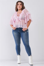 Load image into Gallery viewer, Plus Sheer Mesh Ruffle Lace-up V-neck Detail Wide Sleeve Relaxed Top
