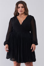 Load image into Gallery viewer, Plus Wrap Deep V-neck Long Puff Sleeve With Elasticated Cuff Pleated Mini Dress
