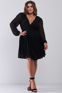 Plus Wrap Deep V-neck Long Puff Sleeve With Elasticated Cuff Pleated Mini Dress