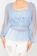 Load image into Gallery viewer, Sheer Mesh Crochet Peplum Top
