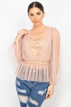 Load image into Gallery viewer, Sheer Mesh Crochet Peplum Top
