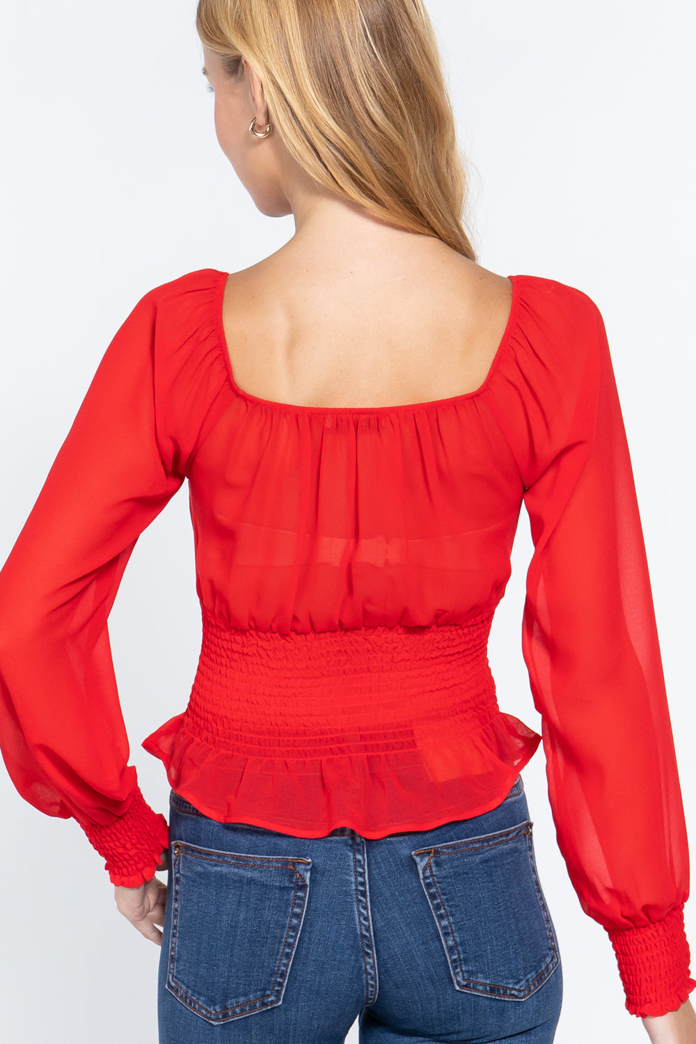 Long Slv Smocked Chiffon Top