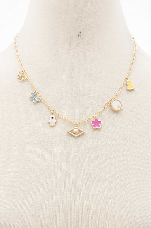 Butterfly Flower Eye Charm Station Necklace