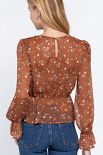 Load image into Gallery viewer, Ruffle Slv Peplum Print Woven Top
