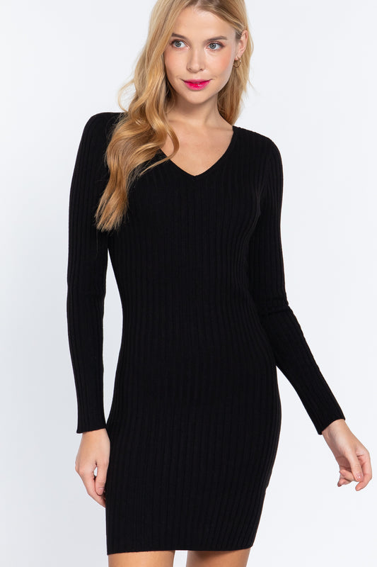 Long Slv V-neck Sweater Mini Dress