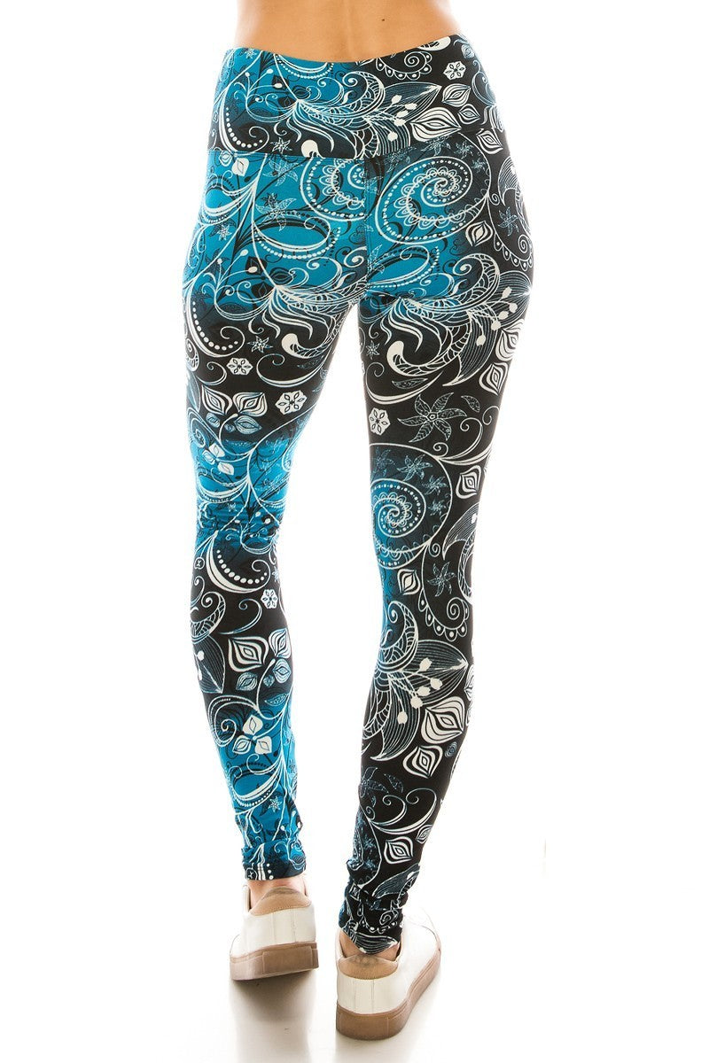 Long Yoga Style Banded Lined Multi Printed Knit Legging With High Waist