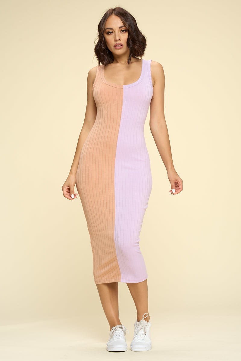 Casual Two-tone Midi Dress, Scoop Neck, Sleeveless