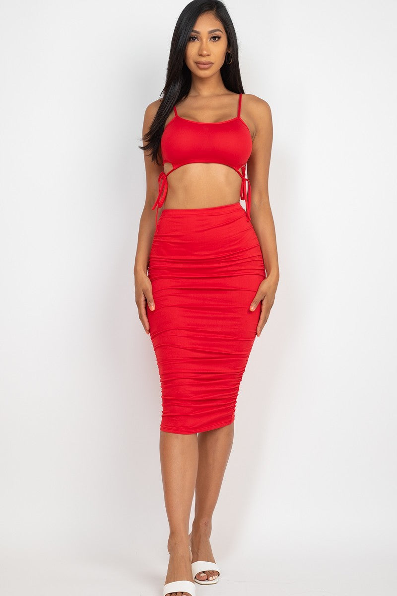 Cut-out Tie Side Crop Top & Ruched Midi Skirt Set