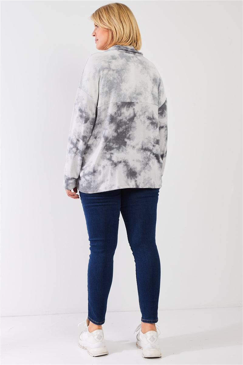 Plus Graphite Tie-dye Print Fleece Combo Plush Collared Neck Long Sleeve Loose Fit Top