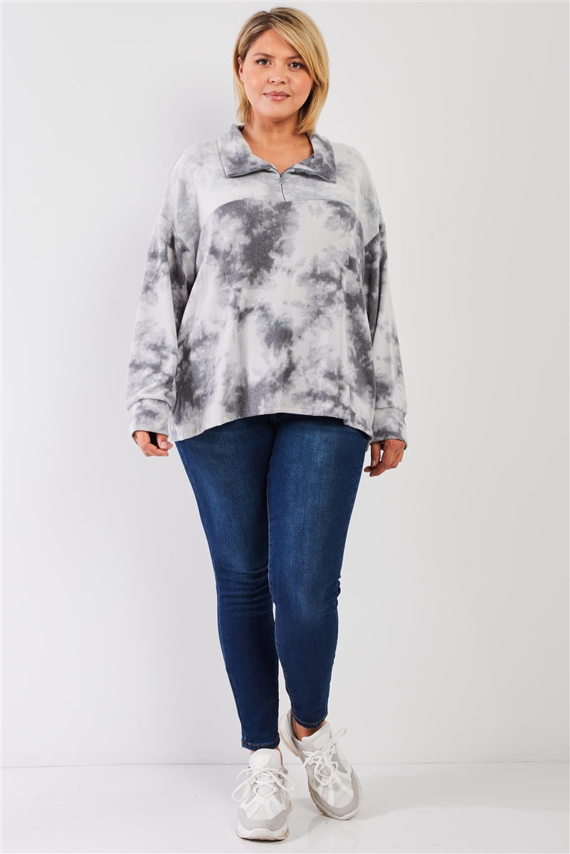 Plus Graphite Tie-dye Print Fleece Combo Plush Collared Neck Long Sleeve Loose Fit Top