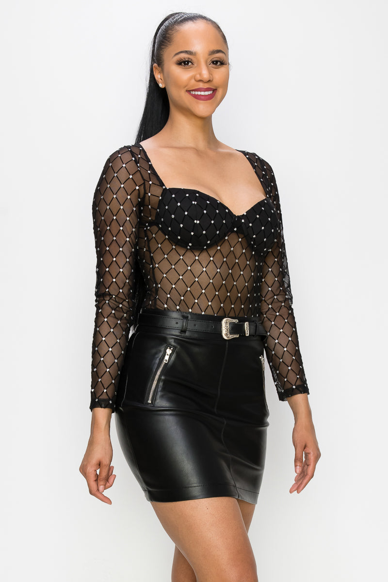 Diamond-patterned Sheer Bodysuit