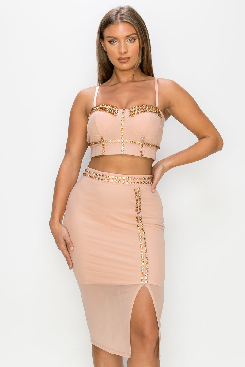 Studded Stone Cami Top & Slit Mini Skirts Set