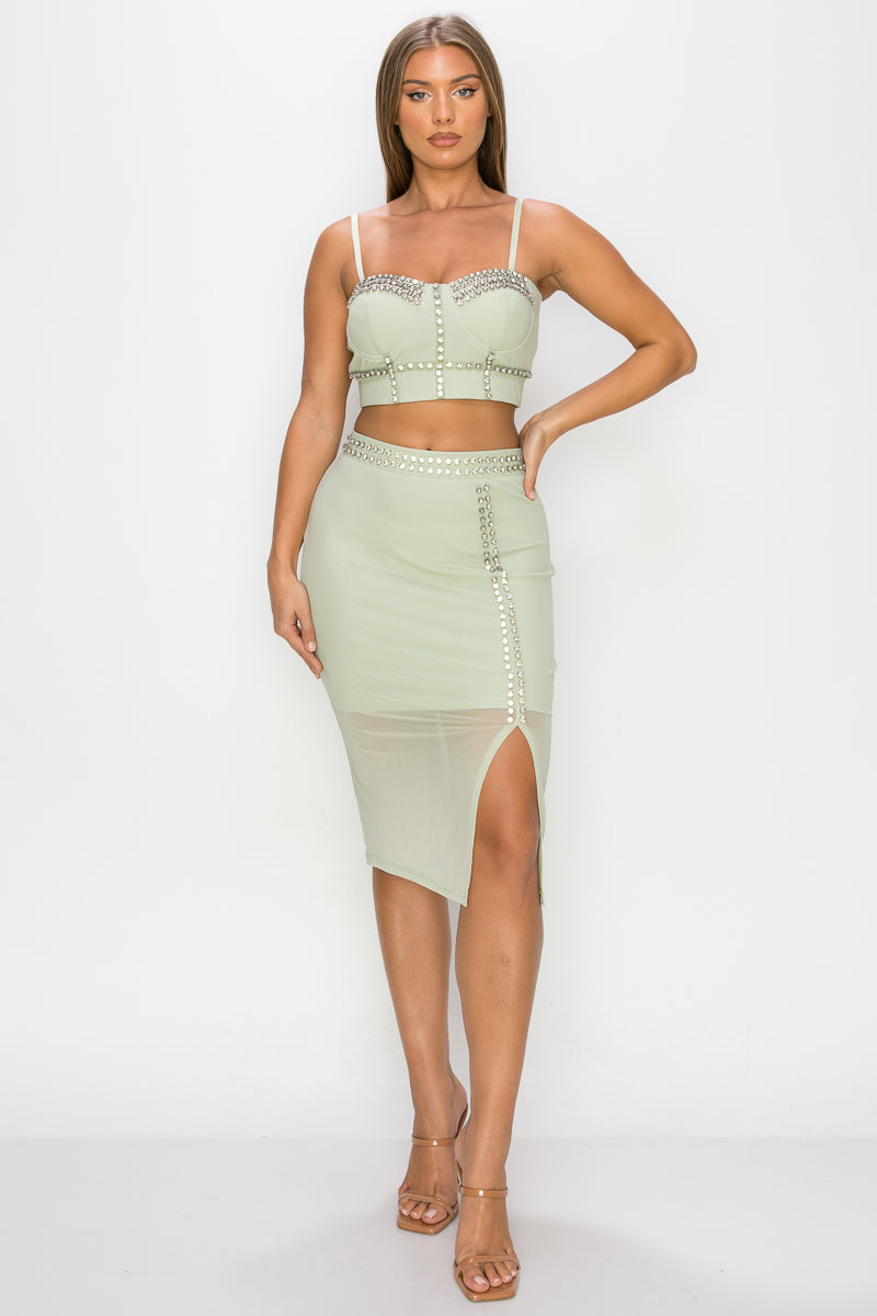 Studded Stone Cami Top & Slit Mini Skirts Set