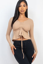 Load image into Gallery viewer, Ribbed Drawstring Front Long Sleeve Peplum Top
