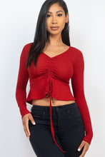 Load image into Gallery viewer, Ribbed Drawstring Front Long Sleeve Peplum Top
