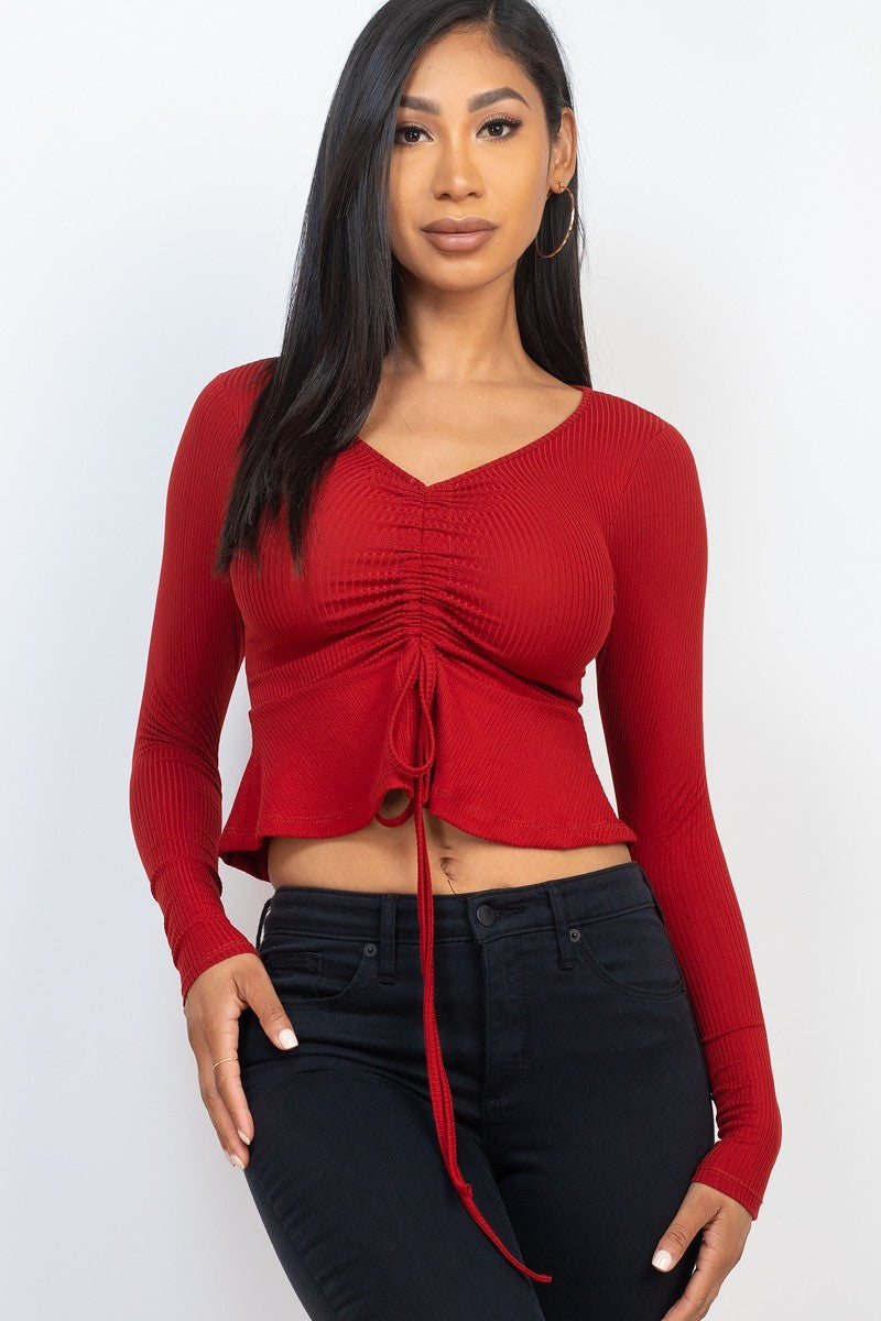 Ribbed Drawstring Front Long Sleeve Peplum Top