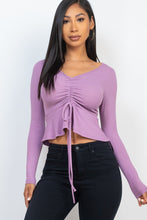 Load image into Gallery viewer, Ribbed Drawstring Front Long Sleeve Peplum Top
