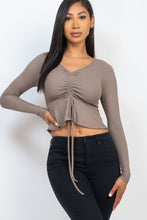 Load image into Gallery viewer, Ribbed Drawstring Front Long Sleeve Peplum Top
