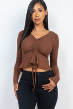 Load image into Gallery viewer, Ribbed Drawstring Front Long Sleeve Peplum Top
