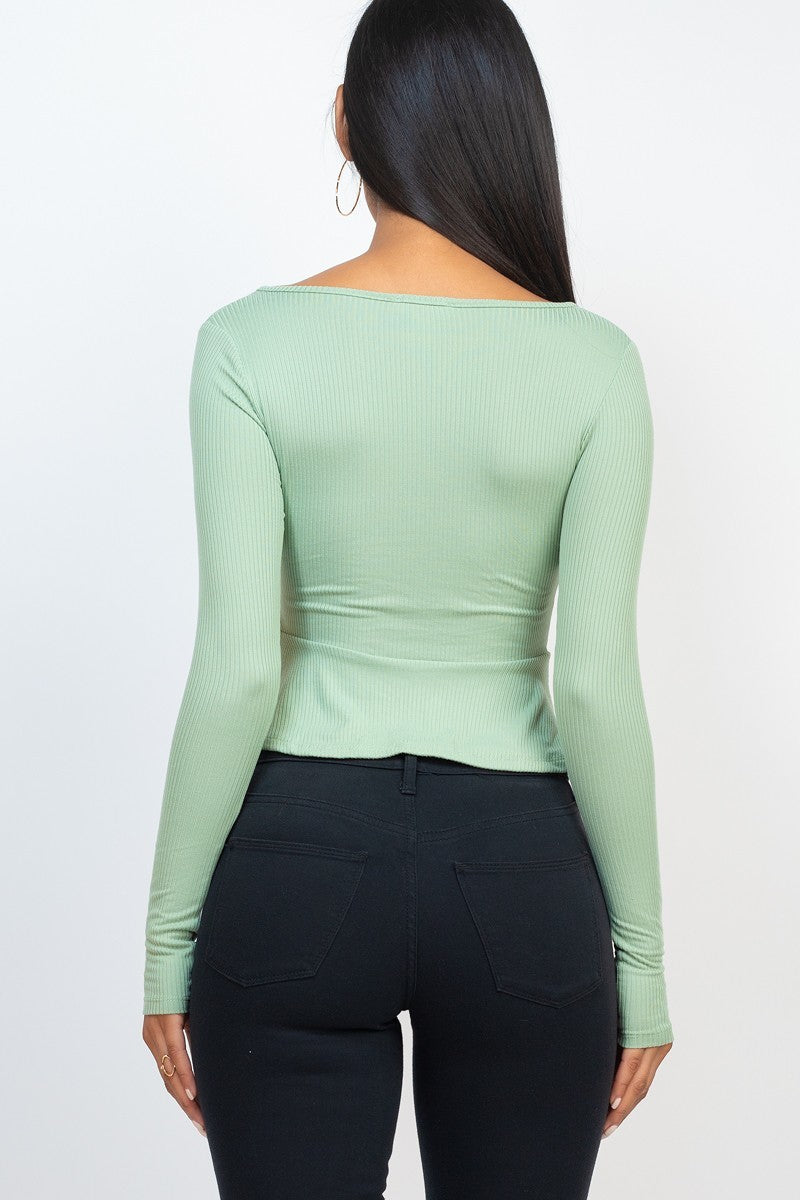 Ribbed Drawstring Front Long Sleeve Peplum Top