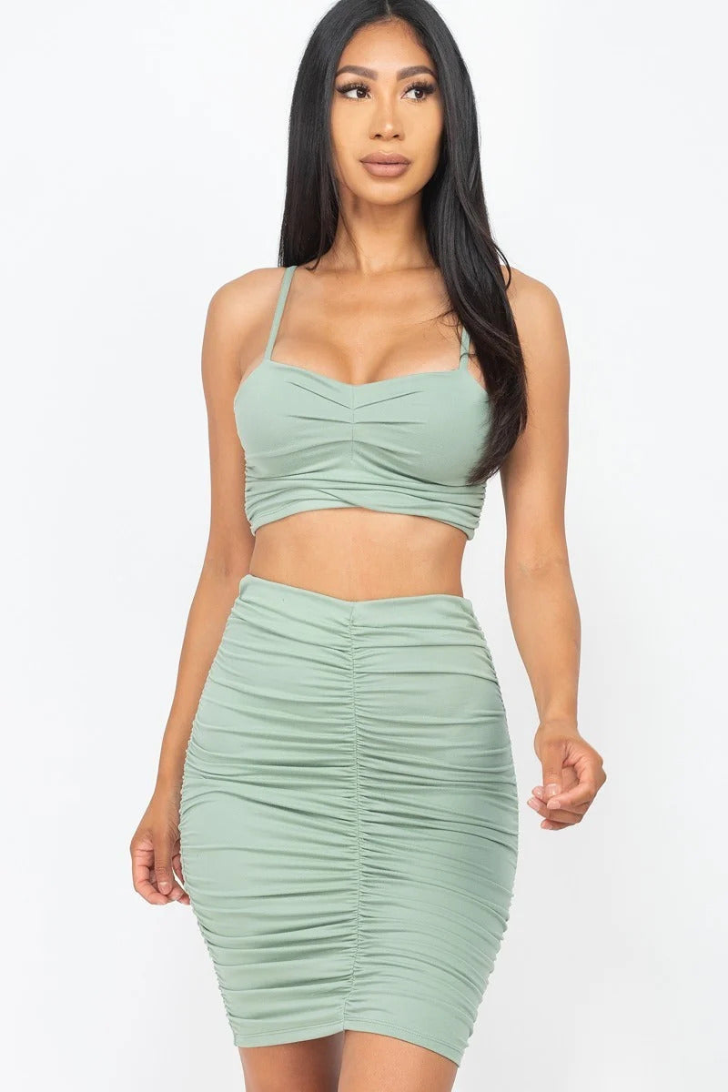 Ruched Crop Top And Skirt Sets