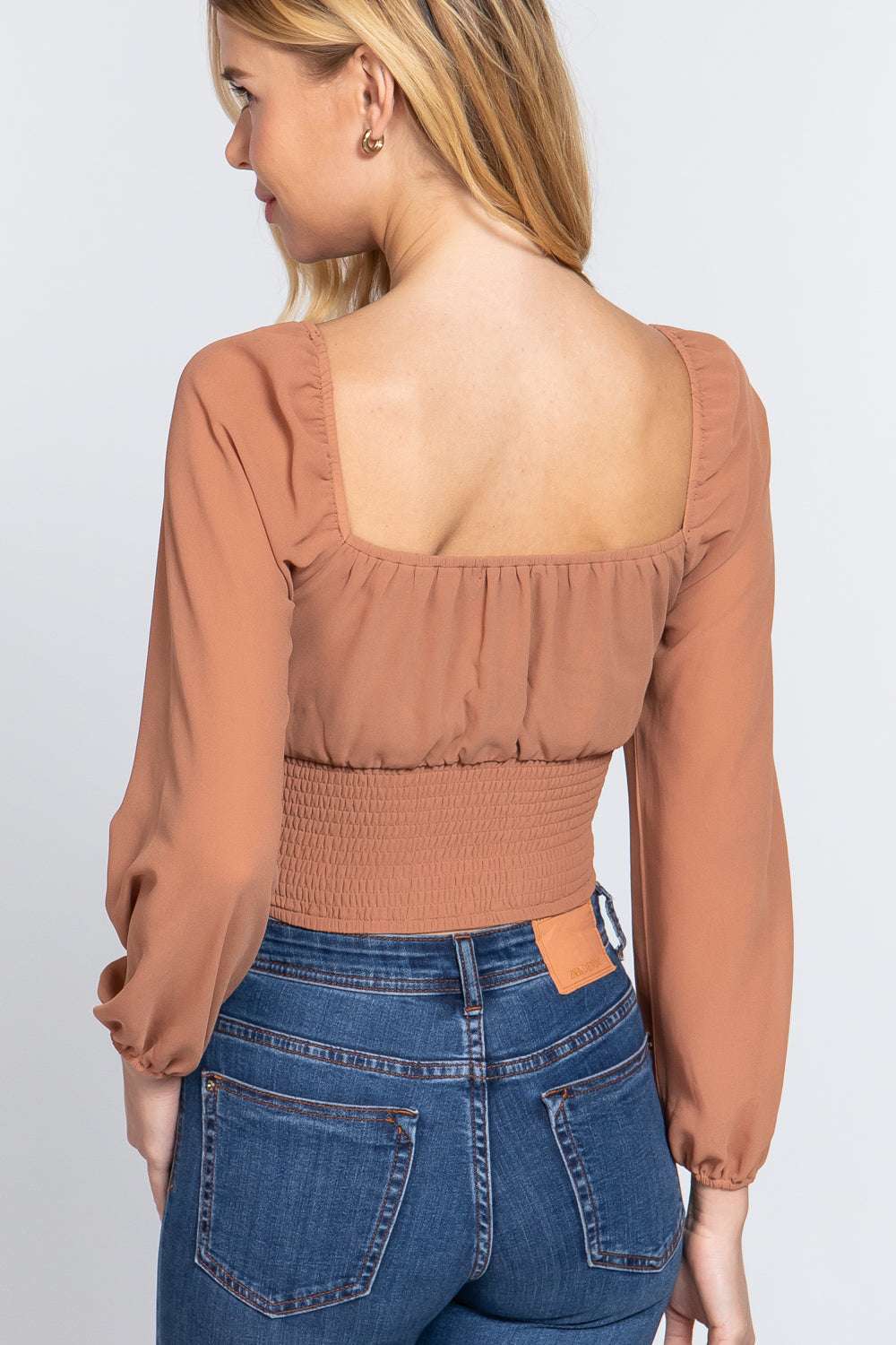 Long Sleeve Front Tied Ruched Detail Woven Top