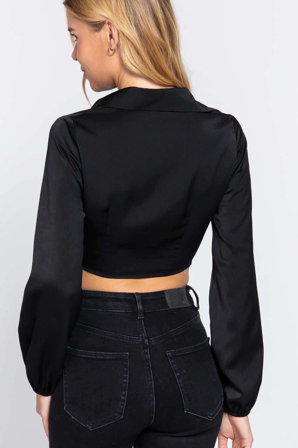 Long Sleeve Notched Collar Front Twisted Detail Crop Woven Top